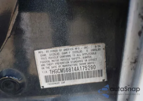 2004 Honda Accord 2.4 Ex из США, поврежденный, VIN 1HGCM56814A175290